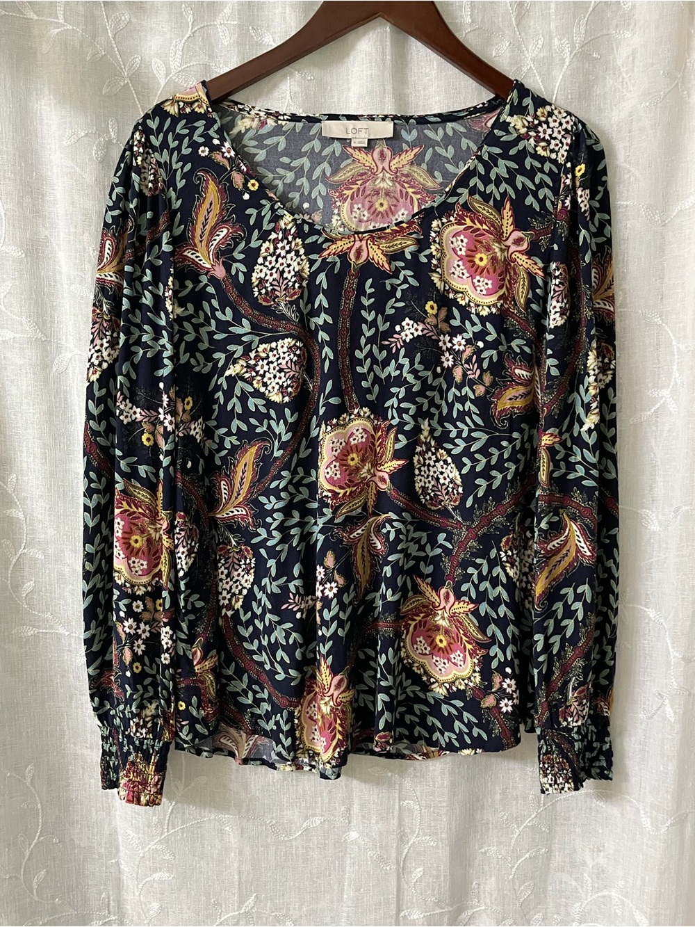 LOFT Black Paisley Floral V-Neck Long Sleeve Blouse Size Medium